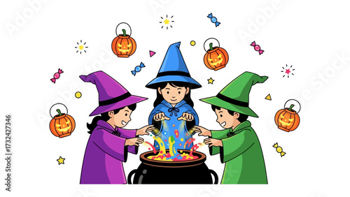 Witches' Cauldron Magic: A charming, whimsical illustration features three little witches gathered around a bubbling cauldron.