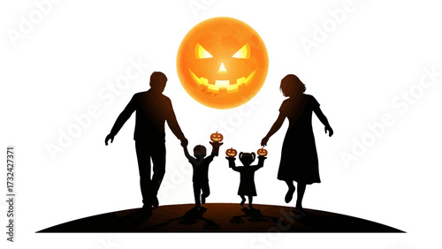 Family Halloween silhouette: A silhouetted family joyfully celebrates Halloween, creating a captivating image of togetherness and festivity against a large, glowing pumpkin.