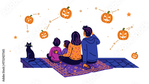 A Family's Celestial Halloween: A cozy family, gathered under a night sky, gazes up at a constellation of Halloween pumpkins. Embracing the magic of the holiday season and shared experience.