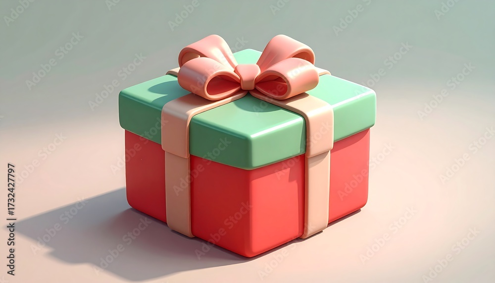 Fototapeta premium A beautifully wrapped gift box with a red base, a mint green lid, and a delicate pink ribbon and bow, presented in a 3D illustration style.