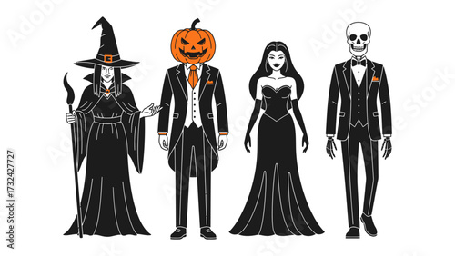 Halloween Costume Party: A captivating illustration presents four figures adorned in classic Halloween costumes, Witch, pumpkin man, vampire and skeleton.