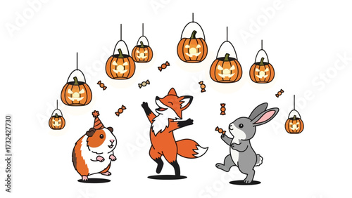 Halloween animal fun and party: A whimsical illustration of animals in costumes and smiling jack-o'-lanterns that create an exciting Halloween atmosphere. The illustration is of a cheerful fox.