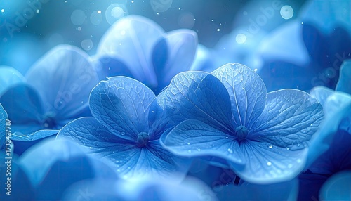 Close up of Blue Hydrangea Blossoms with Soft Focus and Dreamy Lighting Detail, Romantic Floral Background, Floral Macro Photography