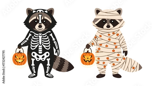 Halloween Raccoon: Two adorable raccoons, one dressed as a skeleton and the other as a mummy, happily carrying jack-o'-lanterns, embodying the festive spirit of Halloween.