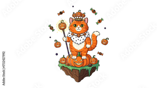 Halloween Regal Cat: A majestic cat adorned with a crown and scepter reigns supreme atop a pumpkin-laden island, embraced by the playful spirit of the season.