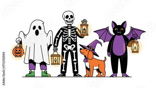 Spooky Halloween Friends: A charming Halloween gathering featuring a friendly ghost, a jovial skeleton, a cute dog, and a playful bat.