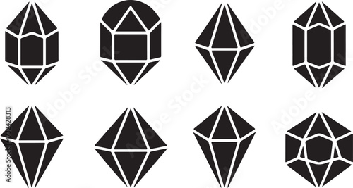 Collection of Eight Geometric Gemstone Icons in Black Silhouette on White Background Keywords: gem, gemstone, jewel, jewelry, crystal, diamond, precious stone, faceted, cut, shape, icon, symbol