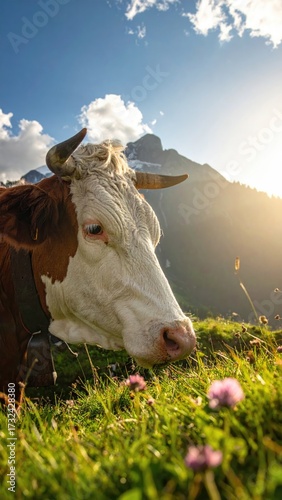Close Up of Brown and White Cow in Alpine Meadow with Mountains and Sunlight