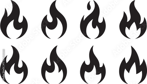 Collection of eight stylized flame icons with variations in shape on white background fire
