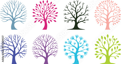 Collection of eight stylized trees in various pastel colors and branch designs on a white background