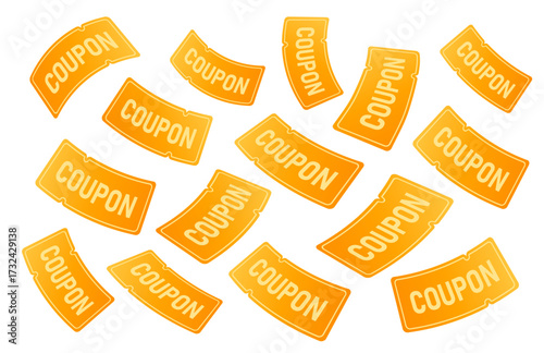 3d unlimited yellow flying coupons as a rain, isolated on white background. Flying discount gift vouchers with coupon code for sale off event. 3d coupon fly vector illustration. Vector illustration