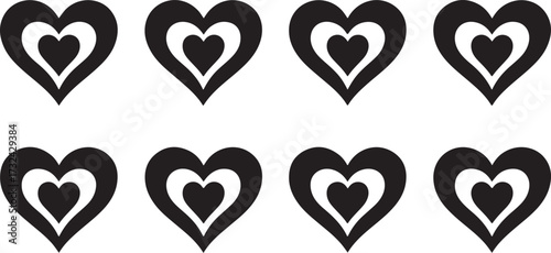 Eight Black Heart Icons with Inner Hearts on White Background love romance