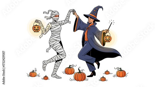 Enchanting Halloween Dance: A mummy and witch, entwined in a graceful dance under the harvest moon, sharing the whimsical spirit of Halloween, surrounded by pumpkins and lanterns.