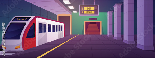 Railway underground station, vector flat subway station interior, metro train, platform, exit stairway, metropolitan