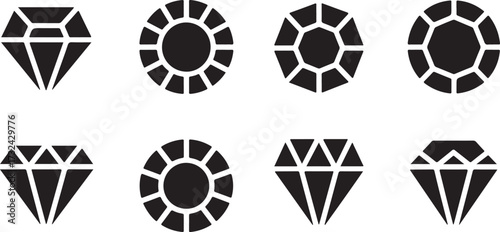 Eight Black Silhouette Icons of Round and Diamond Gemstone Cuts on White Background Keywords: diamond, gemstone, jewel, jewelry, precious stone, gem, cut, shape, icon, symbol, graphic, design