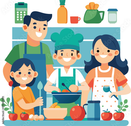 Happy Family Cooking Baking Together in Kitchen Lifestyle Flat Vector Illustration