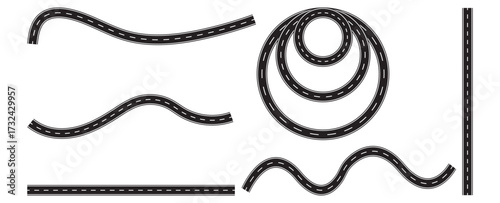Horizontal asphalt road template. Wavy road with winding curves and horizontal path. Big set of asphalt road curves, turns, banking, and perspectives. 
