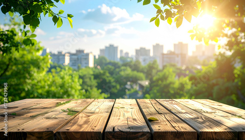 Wooden table empty surface in the foreground, blurred background of houses in the city