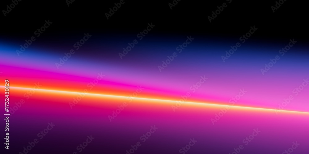 Obraz premium Vibrant gradient of neon pink and yellow beam blending with deep blue, glowing futuristic abstract background for stock images, design, and creative work.
