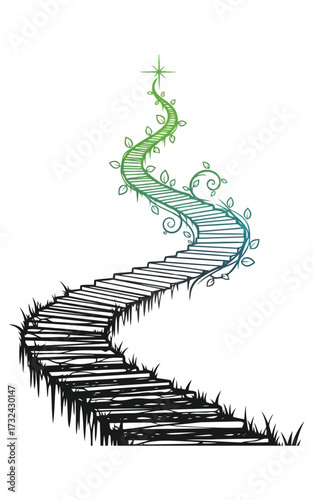 Vector illustration of a winding staircase leads to a shining star, symbolizing spiritual growth, aspiration, and the journey towards achieving goals and spiritual wellness