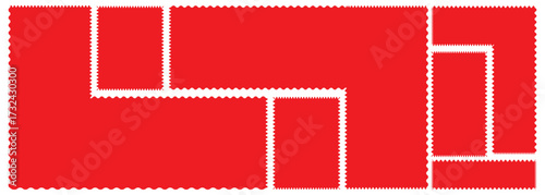 Set of red Zigzag shape set. Set of frames with zigzag edge, scallop edge shape. Red Fabric Swatch. Red zigzag lines on black background create abstract graphic design. 