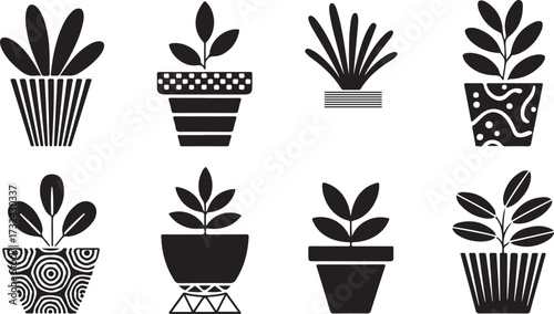 Eight Black Silhouette Potted Plants with Decorative Pots on White Background vector illustration