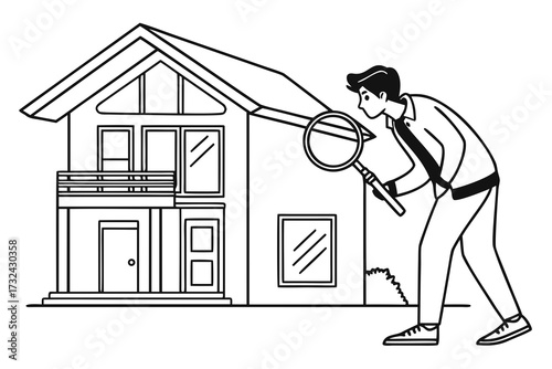 Vector illustration of a male holding magnifying glass searching for a modern house isolated on white background, symbolizing real estate property search and investment concept