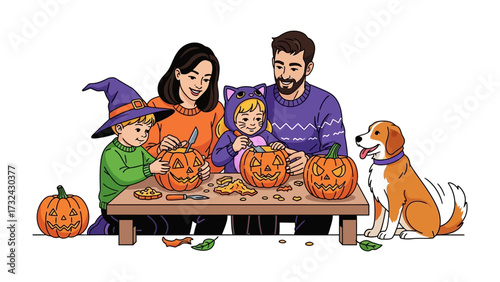 Spooky Family Pumpkin Carving Fun: A joyful family carves Halloween pumpkins together. Embracing the season, they create their own unique Jack-o'-lanterns with smiles. The friendly dog looks on.
