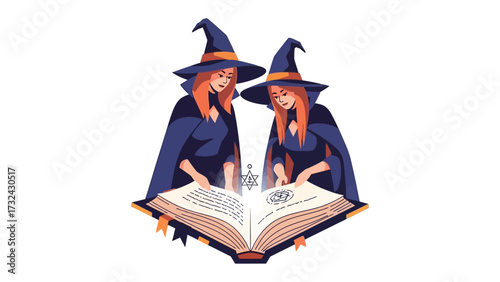 Twin Witchcraft: Two captivating witch figures, adorned in pointed hats and capes, delve into a mystic book, exuding an aura of mystical knowledge and fascination.