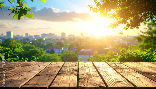 Wooden table empty surface in the foreground, blurred background of houses in the city