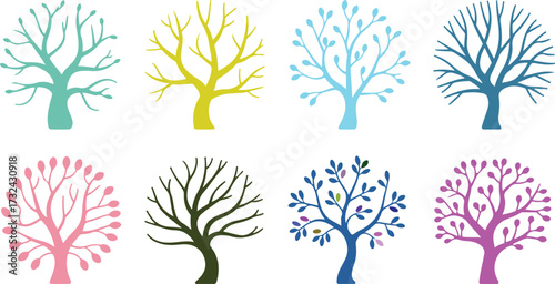 Eight colorful stylized trees with varied branch structures and leaf-like buds on a white background