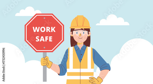 Friendly construction worker character with a hammer. Professional male builder in a hard hat and uniform, a smiling cartoon illustration