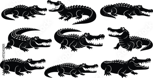 Cartoon alligator crocodile silhouettes, black reptile animal icons, vector illustration set, wildlife design elements, mascot clipart, predator graphic collection