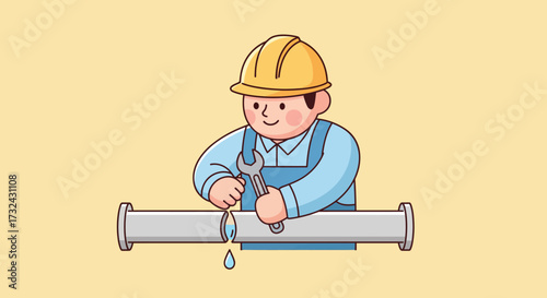 A cartoon worker character in a hard hat fixes a leaking pipe with a wrench, illustration for plumbing services