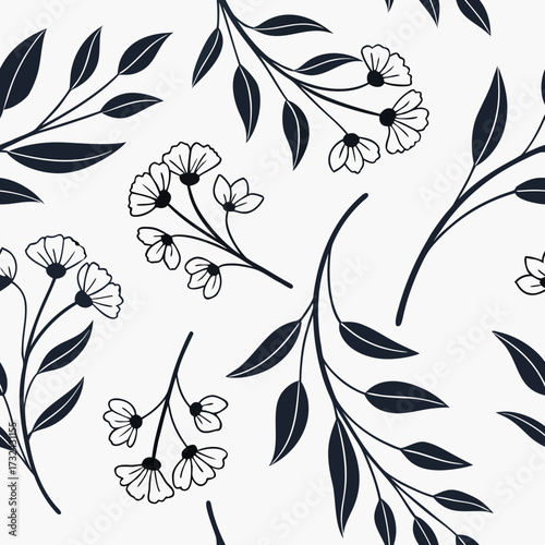 Floral Silhouette Pattern: An elegant, seamless pattern of delicate floral silhouettes, branches, and leaves against a clean, minimalist background, perfect for textiles, wallpaper.