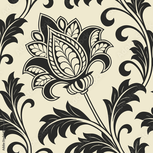 Elegant floral pattern: An exquisitely rendered floral pattern, a timeless design featuring delicate details of petals and leaves in a classic two-tone palette.