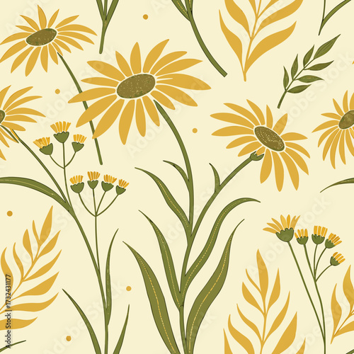 Botanical Daisy Delight: A seamless repeat pattern of intricately designed daisies, leaves and floral elements, presenting a harmonious display of nature's beauty. 