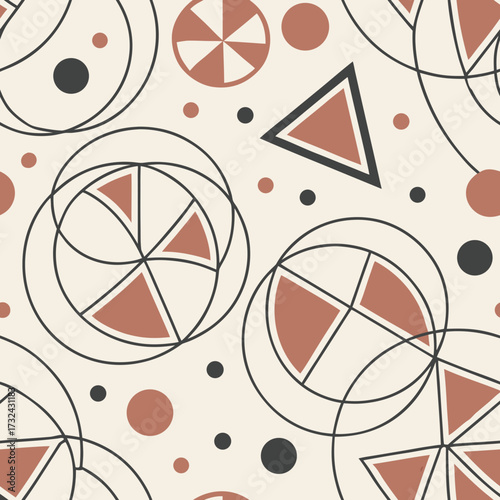 Geometric Harmony: A seamless, repeating pattern composed of an intricate dance of circles, triangles, and dots, offering a blend of geometric precision and artistic expression.