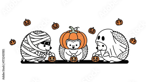 Halloween Hedgehog Trio: A delightful illustration featuring three adorable hedgehogs dressed in festive Halloween costumes, trick-or-treating with jack-o'-lanterns.