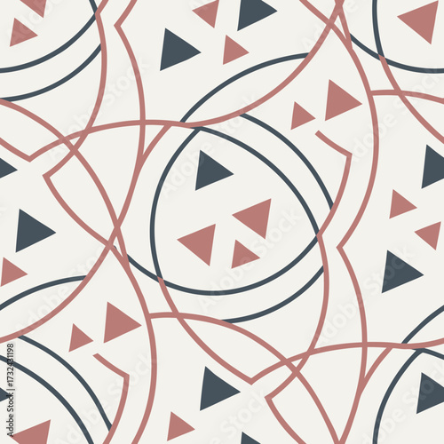 Geometric Delight: A seamless vector pattern showcasing intersecting circles, intricate triangles, and minimalist lines, ideal for modern design concepts.