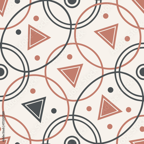 Geometric Harmony: An abstract design showcasing an array of intersecting circles, triangles, and dots, all artfully arranged in a seamless pattern.