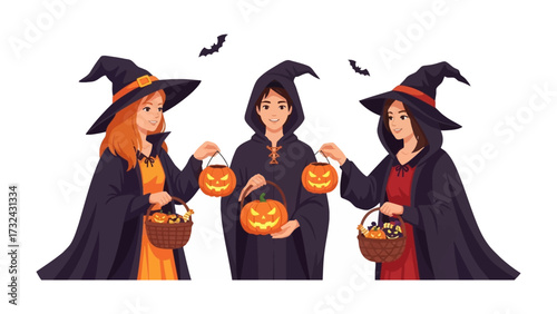 Halloween Friends: Three playful characters dressed as witches and a wizard gather for Halloween, holding carved pumpkins and baskets of candy, ready for a festive celebration.