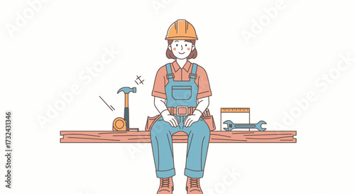A confident and capable female worker character, equipped with essential tools and dressed in safety gear, ready to tackle any construction or DIY project with expertise