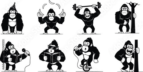 Cartoon gorilla illustration set, funny ape character artwork, juggling gorilla design, singing gorilla graphic, playful primate mascot, humorous jungle animal vector