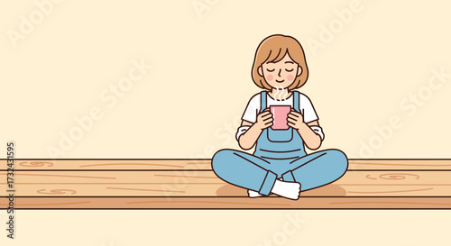 Cheerful worker character seated on a wooden surface, engrossed in a digital device, enjoying leisure time