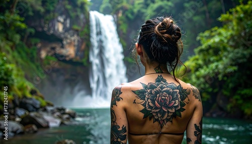 Woman with a large rose tattoo by a waterfall