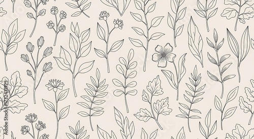 Botanical illustration of a seamless pattern with delicate line art of wildflowers and leafy branches on a muted background