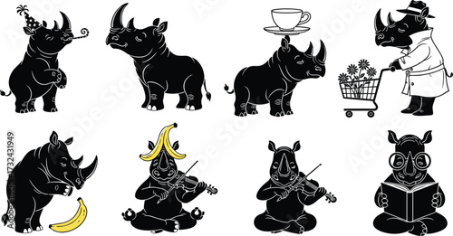 Cartoon rhinoceros illustration set, funny rhino character design, anthropomorphic animal artwork, comic wildlife vector, playful rhino graphic, humorous mascot element