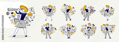 Business person analyzing and organizing financial deals vector outline illustration set, entrepreneur company leader working on some commercial project.