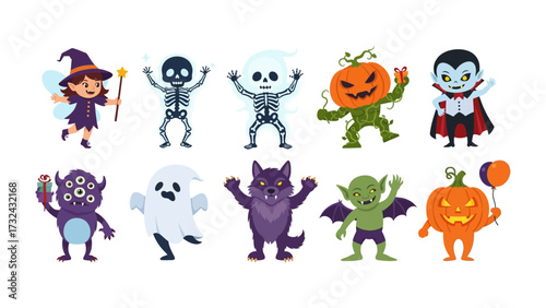 Halloween Characters Gathering: A charming collection of whimsical Halloween character designs, capturing the spooky and playful spirit of the holiday. 